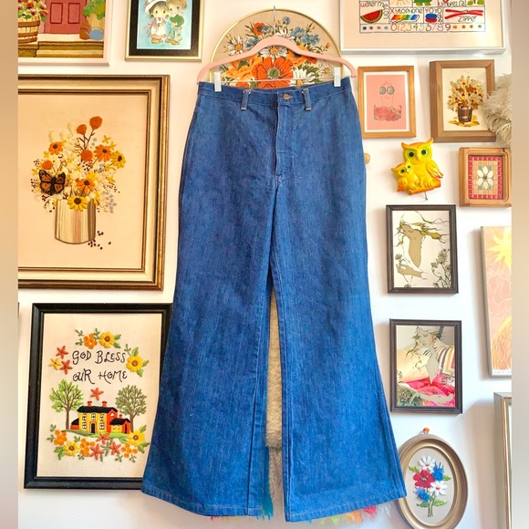 True Vintage 70s Wrangler Dark Wash Denim Flared Jeans *DEADSTOCK* - Picture 1 of 4